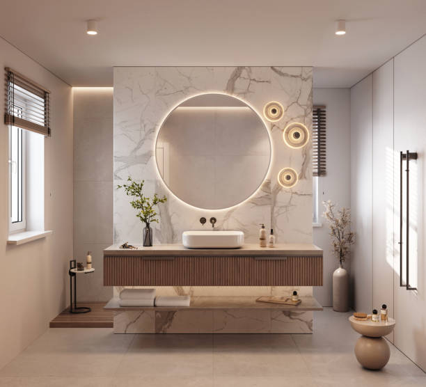 lavabo de baño sobre encimera de madera